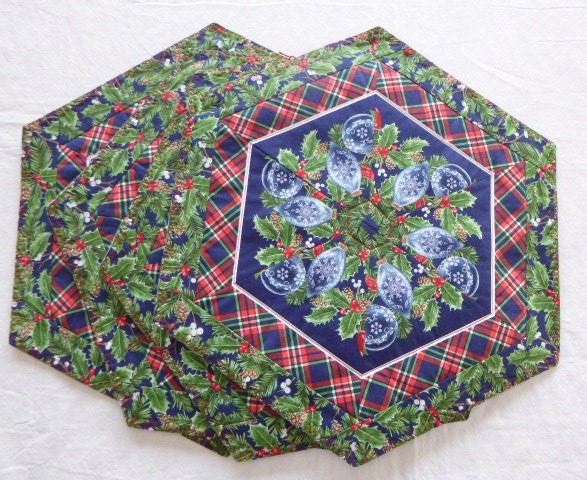 4 Hexagon Blue Ornament table placemats